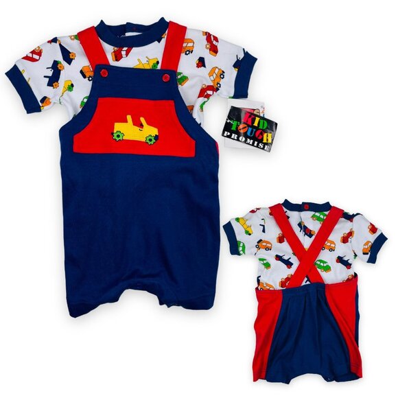 NWT Vintage Baby Construction Jeep Romper + Shirt Matching Outfit Set 6m / 9m - Picture 1 of 12